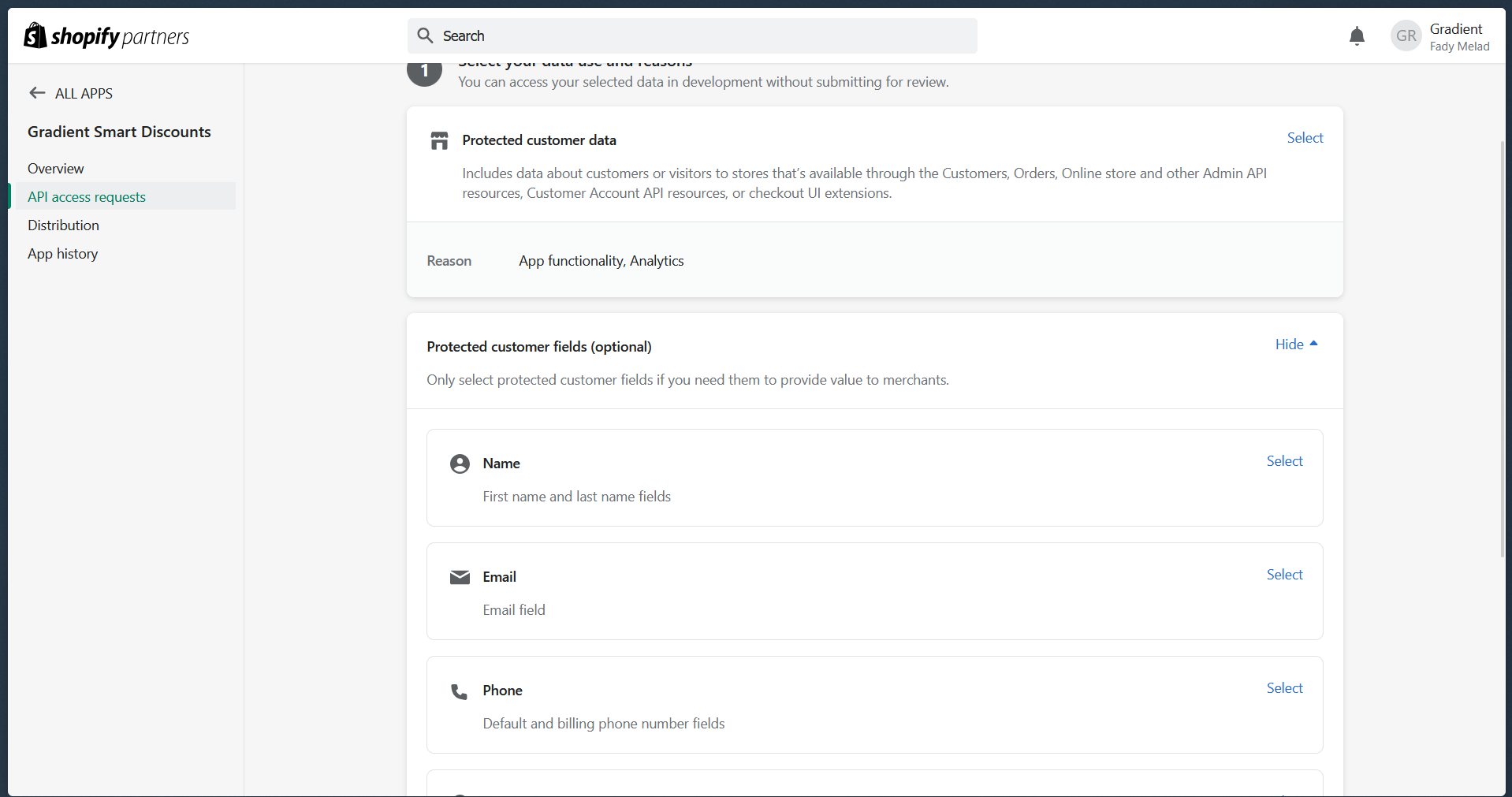 Shopify Partner Dashboard showing protected customer data requested for app functionality and analytics, with optional customer fields not selected