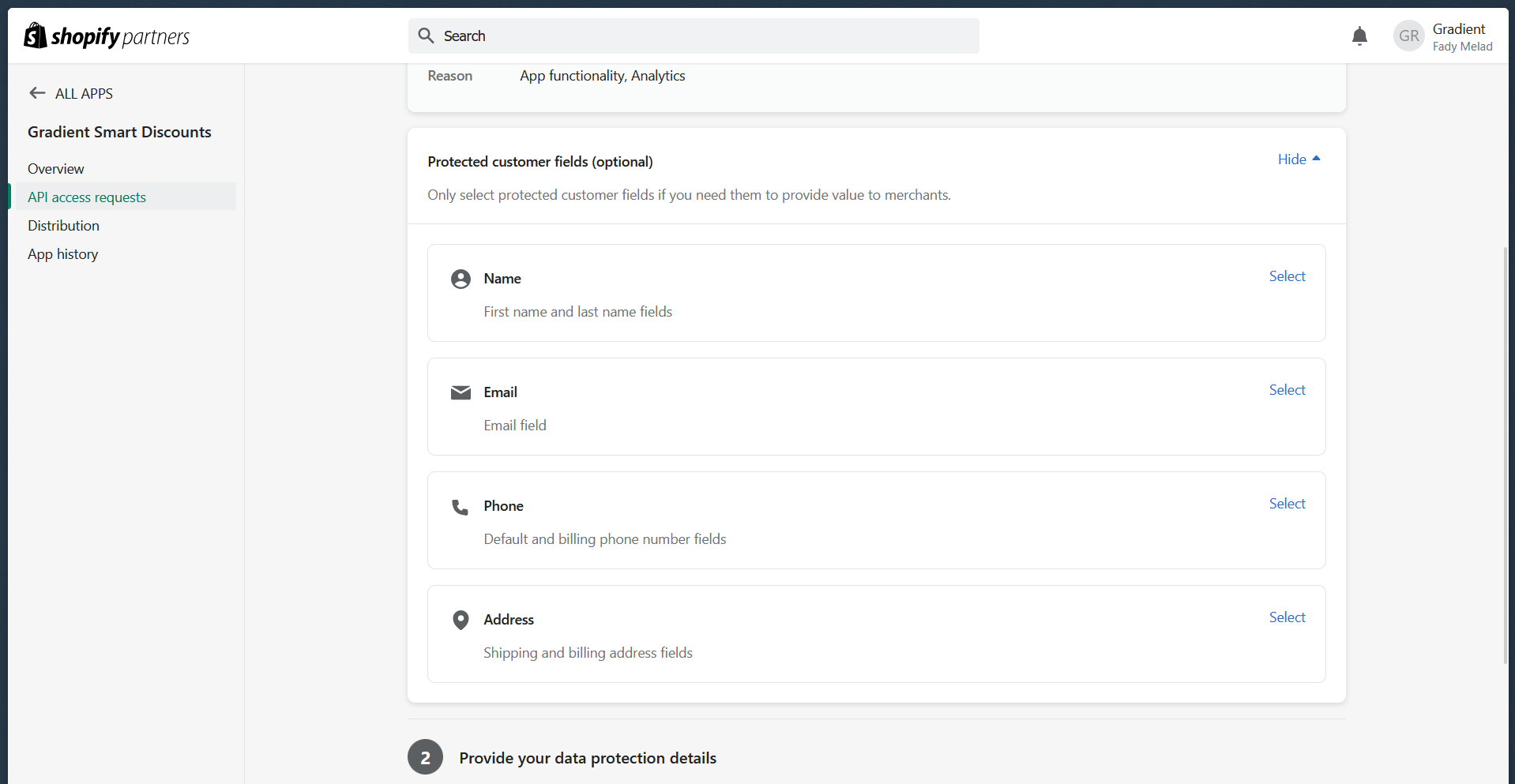 Shopify Partner Dashboard showing Name, Email, Phone, and Address as unselected optional protected customer fields